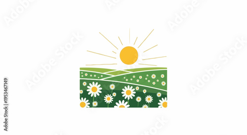 A bright sun shines over a rolling green landscape dotted with daisies