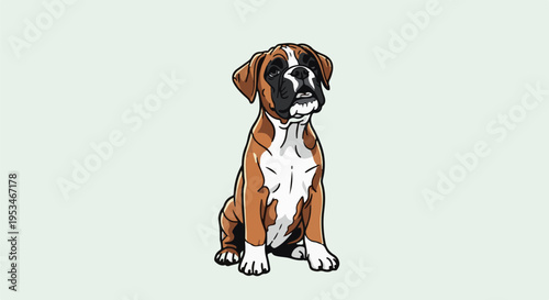 A brown and white boxer dog sits attentively on a plain light green background