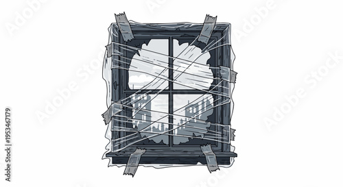 A broken window pane held together with tape, showing a cityscape beyond