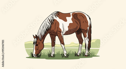 A brown and white horse grazes in a grassy field with rolling hills