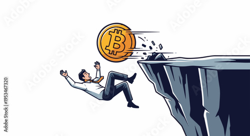A businessman falls from a cliff as a coin tumbles after him