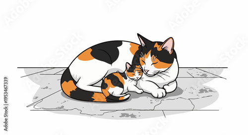 A calico cat cuddles a smaller calico kitten on a textured surface