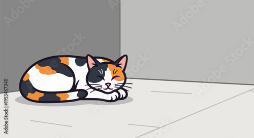 A calico cat sleeps curled up in a corner of a room
