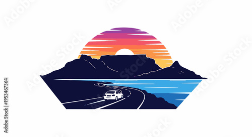 A car drives on a winding road by the water at sunset