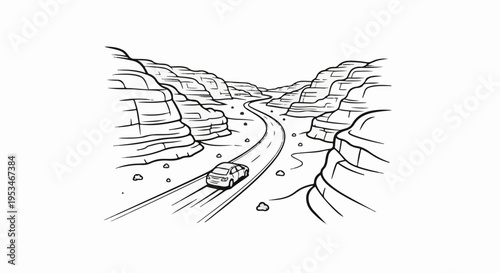 A car travels down a winding road through a rocky canyon landscape
