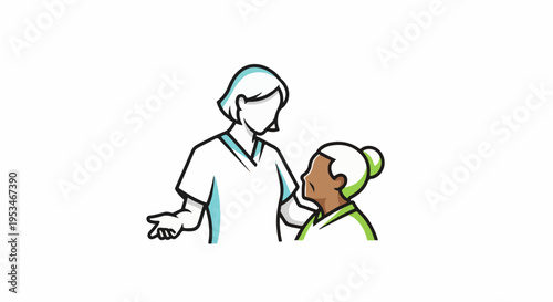 A caregiver in uniform speaks with an elderly person