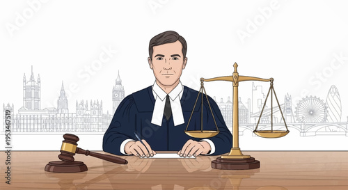 Lawyer in courtroom with scales of justice and gavel british legal system concept