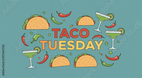 Taco tuesday celebration with tacos margaritas and chili peppers on teal background