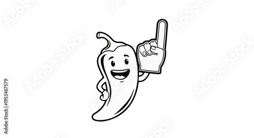A cartoon chili pepper with a face holding up a foam finger