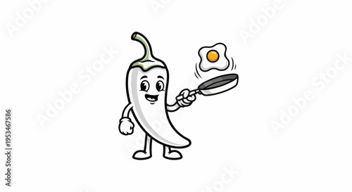 A cartoon chili pepper character holds a frying pan with a fried egg