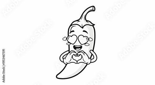 A cartoon chili pepper with heart-shaped eyes and hands forming a heart