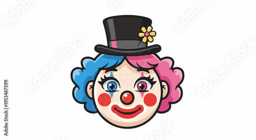 A cartoon clown face with bright blue and pink curly hair and a black top hat