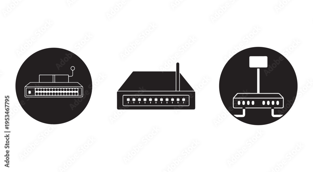 Fototapeta premium Router and network switch icons for internet connectivity and data transfer communication technology symbols