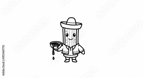 A cartoon figure of a celery stick wearing a sombrero and jacket holding a dipping bowl