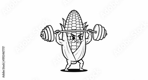 A cartoon ear of corn with a face lifts weights