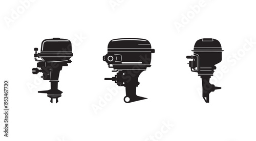 Outboard boat motors in black silhouette on white background  marine engines for watercraft  propulsion systems