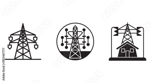 Power transmission tower icons set for energy and electricity infrastructure  various designs