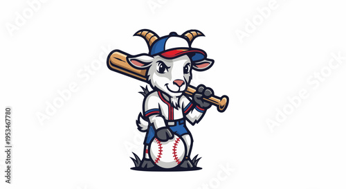 A cartoon goat in baseball attire, holding a bat and ball