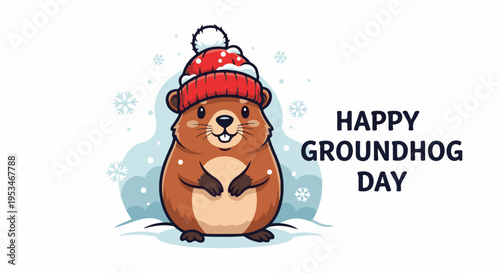 A cartoon groundhog in a winter hat sits in the snow with snowflakes