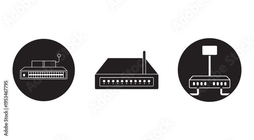Router and network switch icons for internet connectivity and data transfer  communication technology symbols