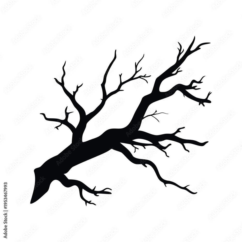 Fototapeta premium black and white tree branch silhouette vector illustration of nature, dead gnarled branch silhouette vector illustration