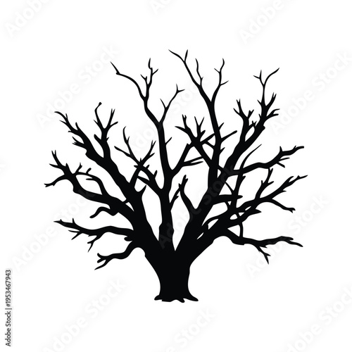 Silhouette of a bare tree with intricate branches in black and white vector illustration design, dead branch cluster silhouette vector illustration