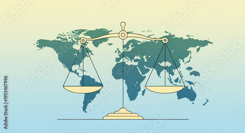 Global balance scale with world map on gradient background symbolizing justice and equality worldwide