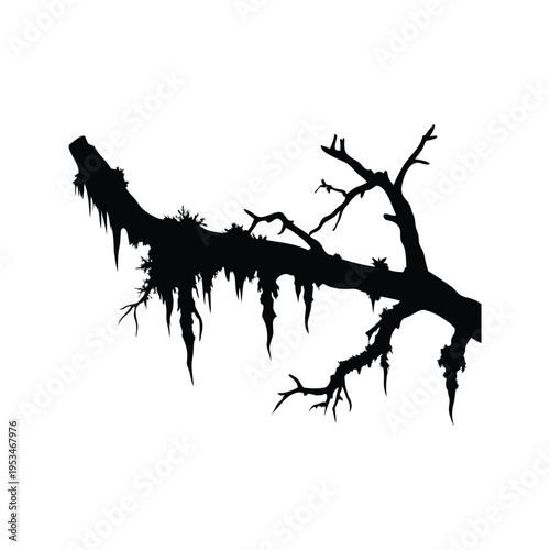 Eerie dead tree with moss silhouette vector illustration for Halloween and horror designs, dead branch with moss silhouette vector illustration