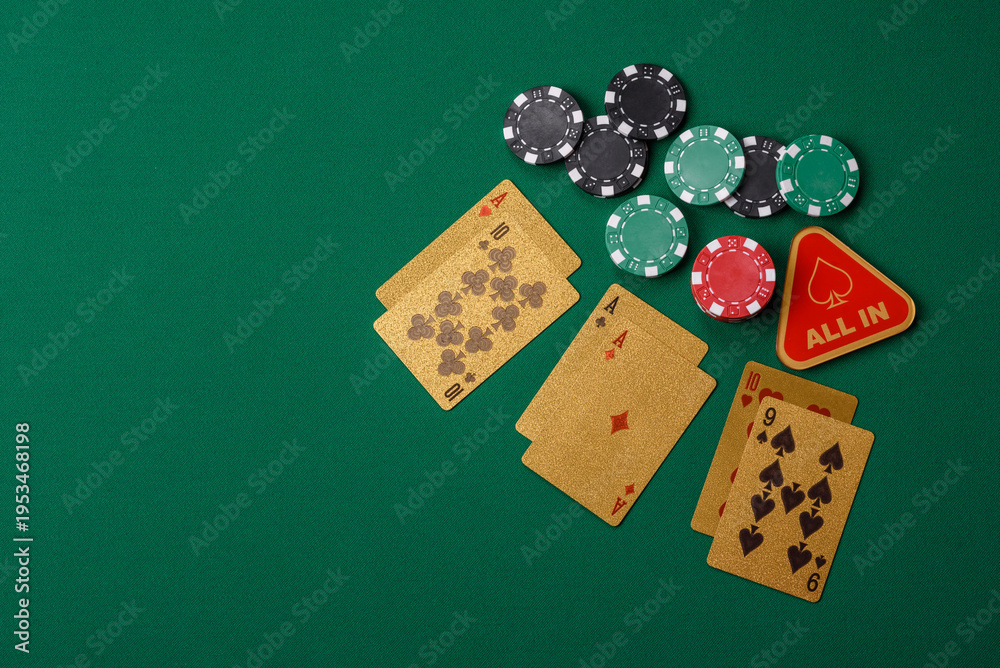 Fototapeta premium Casino, cards and chips on a colored background, poker and blackjack. Cards and chips