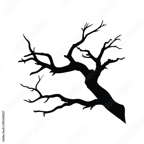 Silhouette of a bare tree with intricate branches and twigs vector illustration, dead twisted branch silhouette vector illustration