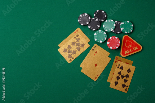 Casino, cards and chips on a colored background, poker and blackjack. Cards and chips