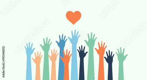 Diverse hands reaching for heart symbol.