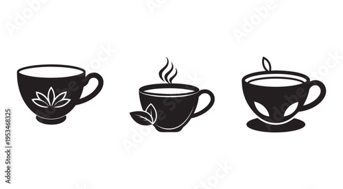 Set of tea cups with leaves on white background  tea cups with different leaf designs  tea cup illustrations