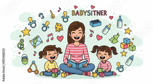 Smiling babysitter and two happy children surrounded by toys and baby items in colorful illustration