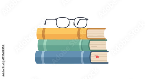 Stack of colorful books with glasses.