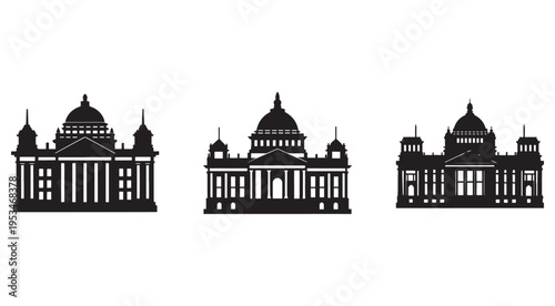 Set of three black silhouette illustrations of buildings with domes and columns on white background  architectural icons