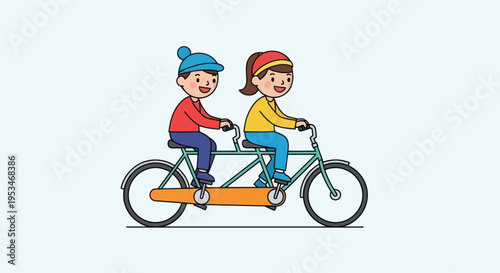 Two children riding tandem bicycle.