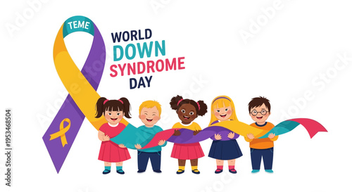 Illustration of diverse children holding colorful puzzle pieces for World Down Syndrome Day awareness with a purple ribbon, symbolizing support and genetic condition awareness in a vibrant