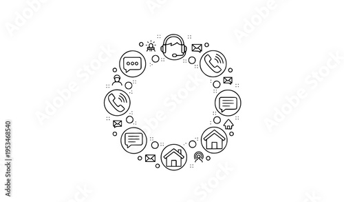 Circular Contact Line Icons Composition Chat Support Phone Business Home Message Editable Stroke Vector Design
Keywords: