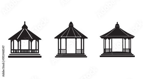 Set of three different gazebo silhouettes for design and architecture projects  various outdoor structures