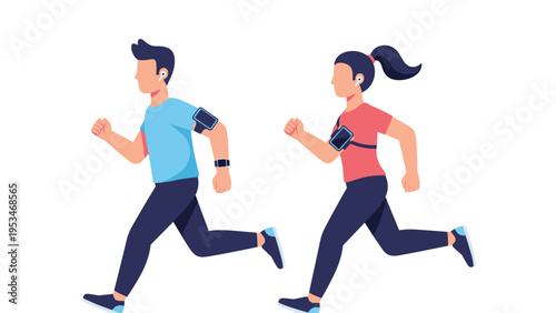 Fit man and woman running together with armbands for smartphones and smartwatches illustrating an active healthy lifestyle.