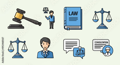 Law and justice icons set including gavel scales lawyer book consultation judgment legal symbols