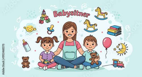 Babysitter with two children in lotus position surrounded by toys and nursery items