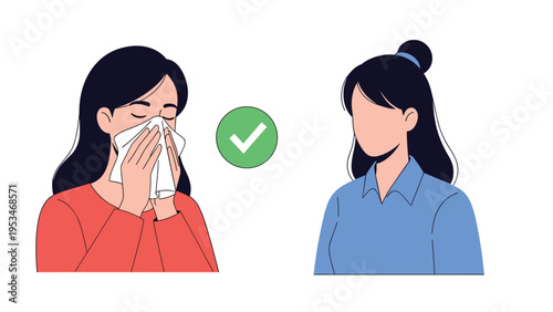 Illustration of a woman sneezing into a tissue next to another woman showing proper hygiene and disease prevention etiquette.