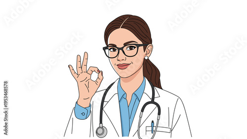 Confident female doctor with glasses and a stethoscope showing an okay hand gesture signifying positive health results and care.