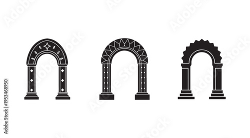 Three black and white architectural arches with decorative designs and columns on white background  old and historic structures