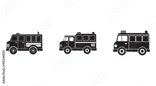 Three black and white fire trucks in different designs for emergency services  rescue vehicles  transportation icons
