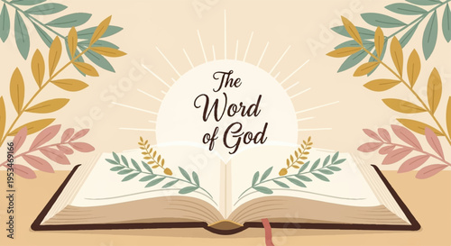 Open bible with leaves and the word of god text on a beige background with sunburst