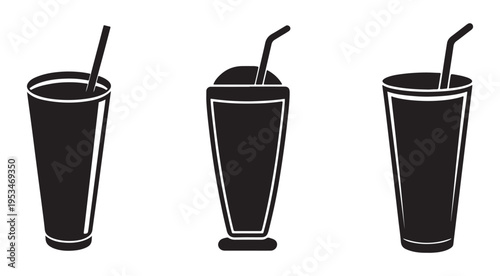 Three black and white illustrations of glasses with straws for drinks  isolated on white background