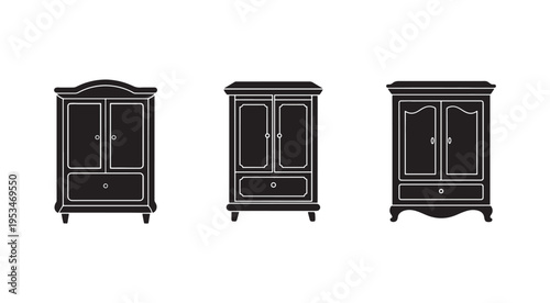 Three black and white silhouettes of different wardrobe armoires with two doors and one drawer  furniture designs  home decor ideas